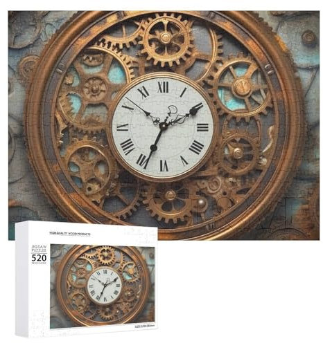 Rusty Steampunk-Uhr Holzpuzzle für Erwachsene, 520 Teile, schwierige, herausfordernde Puzzles, einzigartige Denksport-Puzzle, einzigartige Form, fortschrittliche Puzzle, tolle Geschenkidee