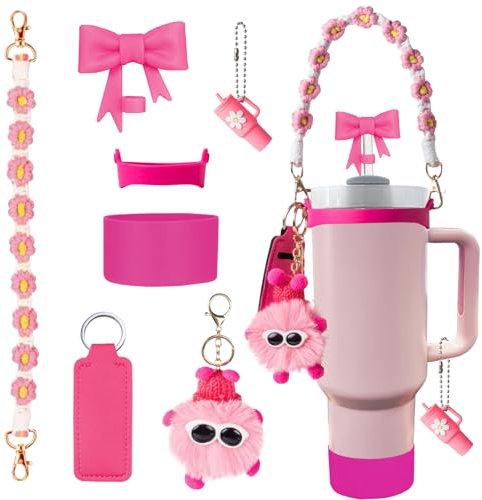 7PCS Cup Accessories for Stanley Cup, Including Silicone Straw Covers, Water Bottle Handle Strap, Bottle Boot, and Keychain Charms Compatible with 30oz 40oz Stanley Tumbler with Handle