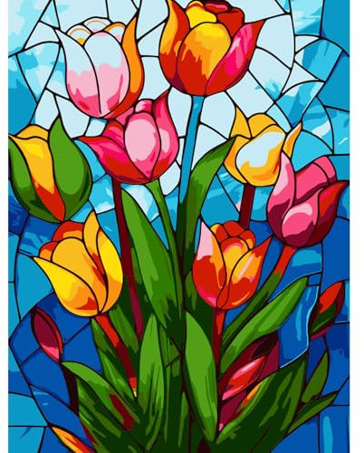 Gifmore Paint by Numbers Kits for Adults, DIY Craft Art Canvas Painting Kit with Acrylic Pigment and Brushes, 12 x 16 inch Glass Flower (Frameless)