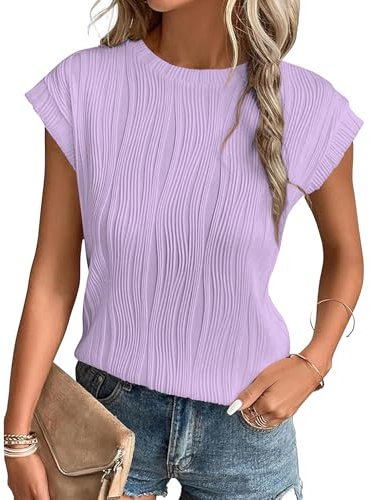 MOLERANI Magliette Donna Manica Corta Top Femminile Scollo Tondo Unicolore in Maglia per L'Estate Lilla S
