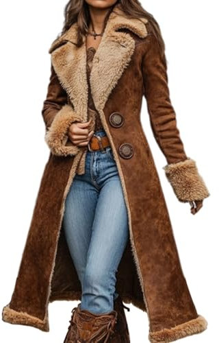 XUSAI Braun,M,Damenjacke Im Vintage-Westernstil Der 70Er Mit Sherpa-Fleecefutter, Langer Kunstpelzmantel, Flauschiger, Langärmliger, Warmer Wintermantel