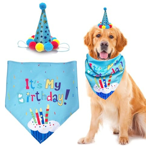 Hund Geburtstag Bandana Hut Set Hunde Geburtstag Party Zubehör, Lustiges Hundegeburtstag Accessoire, Adjustierbar Halstuch und Party Mütze Blau