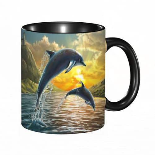 HRRASFAZF Tazza Caffe Latte Te in Ceramica,330 Ml,Tazza Divertente e Originale per Gli,tazza regalo,Due delfini che saltano fuori dal mare sopra uno splendido tramonto. Dipi