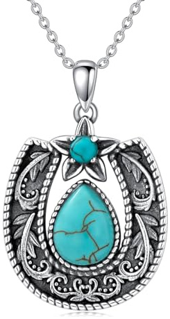 Althum Retro Glückshufeisen mit echtem Türkis Halskette 925 Sterling Silber Türkis Hufeisen Anhänger Halskette mit 18+2 Zoll Kette für Frauen Geschenke