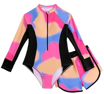 JiAmy baddräkt för flickor tvådelat batikset, UV solskydd långärmad utslagsskydd en del med shorts mellan baddräkt 8-12 år