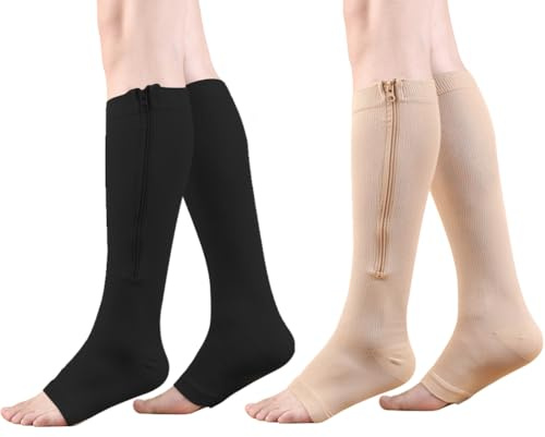 HYCOPROT Chaussettes de Compression Médicale à Glissière 15-20 mmHg 2 Paires Bas de Contention Ouvert pour Femmes et Hommes Soutien Varices Course Pied Grossesse Infirmières Voyages