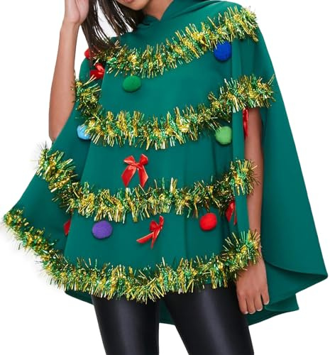 RUIWANBBY Women Christmas Tree Poncho Costume Shining Bow Ball Decor Hooded Cloak Cape Xmas Cosplay Outfits for Cosplay Party