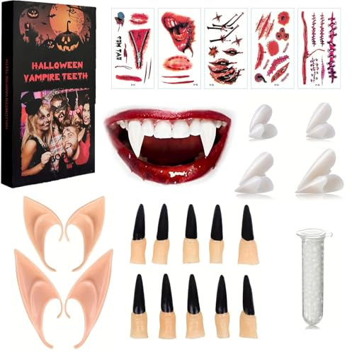 Karneval Vampir-Zahn-Set, 4 Größen Vampir-Zähne, Vampir-Zubehör, 2 Paar Latexohren, 5 Halloween-Tattoos, 10 schwarze Nägel – für Karneval, Maskerade & Cosplay