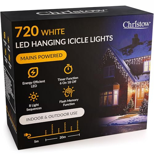 CHRISTOW Hanging Icicle Christmas Lights, White, 720 LEDs | 5mm LEDs, 30/60cm Drops, 8 Modes, Memory, 6-Hour Timer, Mains Powered, 5m Cable, Indoor/Outdoor Use, 20m Lit Length
