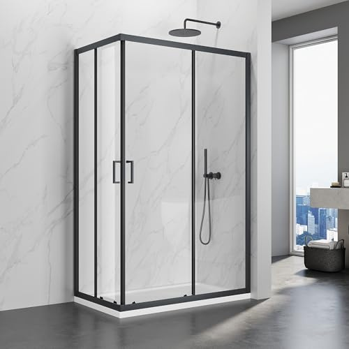 SIRHONA Cabina doccia 70x100x195 cm scorrevole a doppia apertura, nero, porta doccia in vetro a due pannelli fissi con vetro trasparente da 5 mm, regolabile su un lato 20 mm