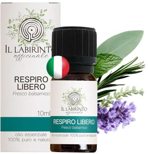 Miscela Oli Essenziali Respiro Libero Il Labirinto Officinale – Naturale, Balsamica ed Espettorante – Per Suffumigi, Diffusori e Aromaterapia – Grado Alimentare – Made in Italy – 10ml