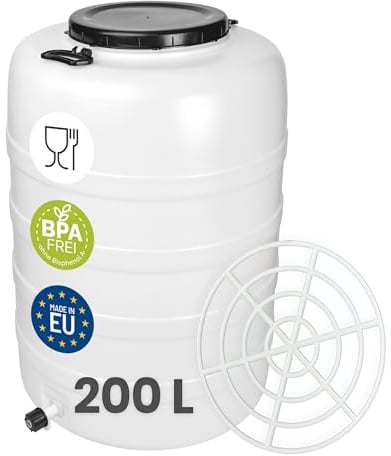 Garronda 200 L mit Hahn und Pressring Weithalsfass Futtertonne HDPE GD-0187 | Mit Deckel, für Wasser, Lebensmittel, Lagerung und Fermentierung, als Kunststofffass, Regenfass, Gärbehälter und Vorratsfass