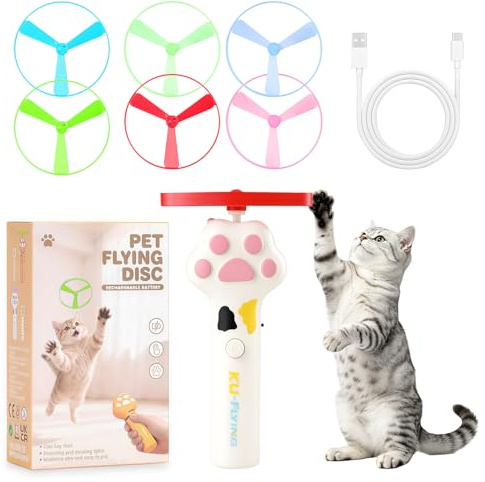 YdseozOA 7 pcs Interactive Cat Toy,Cat Fetch Toy Pet Toy for Cats, 1 White Launcher and 3 Normal Frisbees and 3 Glow-in-the-Dark Frisbees, for Interactive, Training, Chasing, and Tag