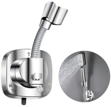 NARYVORA Support Pommeau de Douche Ventouse, Support Douchette Mural Rotatif À 360°, Anti-Dérapant Pommeau de Douche, Argent Porte avec Crochet 10kg Capacité pour Carrelage