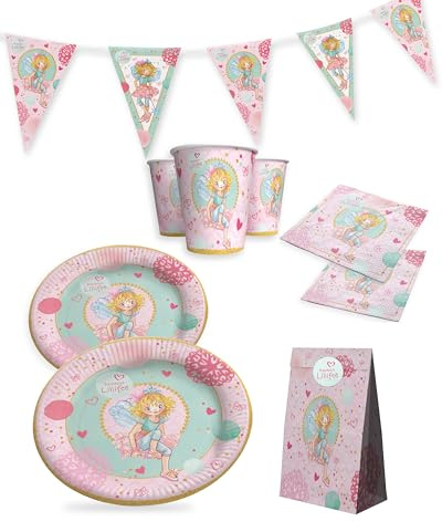 Prinzessin Lillifee Partyset – Becher, Teller, Servietten, Wimpelgirlande & 10 Geschenktüten – Komplettpaket für märchenhafte Kindergeburtstage