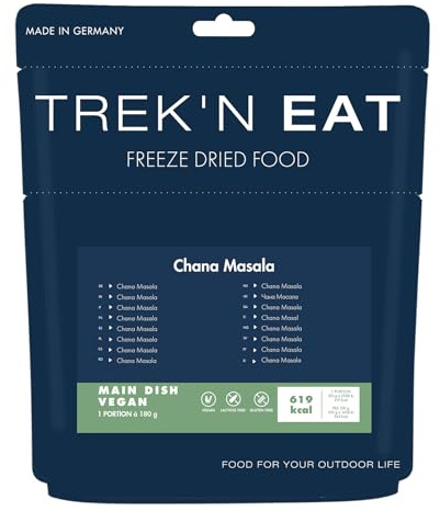 TreknEat Chana Masala, 1er Pack (1 x 180 g) | Vegane, würzige Fertigmahlzeit mit Kichererbsen und Reis 5 Jahre haltbar – schnell zubereitet, für Reise, Camping, Vorrat