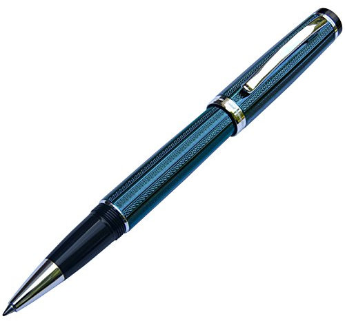 Xezo Messing Fine Tintenroller in French Blue Metallic Farbe, diamantiert Gravur, platiniert, serialisiert (Incognito blau R)