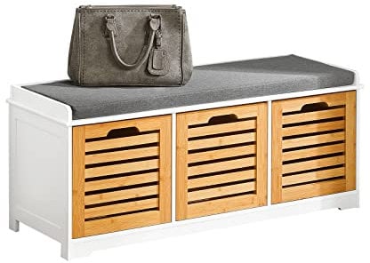 SoBuy Shoe Storage Bench Shoe Cabinet with Seat Cushion – 3 Drawers for Hallway Organiser, White and Natural, Wooden Storage Unit, 120kg Load – FSR23-WN