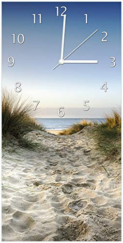 Wallario Design-Wanduhr, Acrylglasuhr Größe 30 x 60 cm, weiße Zeiger, Motiv Weg durch die Dünen zum Strand am Meer