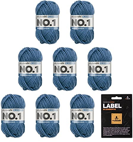 myboshi No.1 Wolle zum Häkeln und Stricken, Schnellstrickgarn, inkl. Label, Strickwolle, Häkelwolle, mulesing-frei, Ll. 55m /50g, 30% Wolle (Merinowolle) Blau (Blaubeere), 8 Knäuel