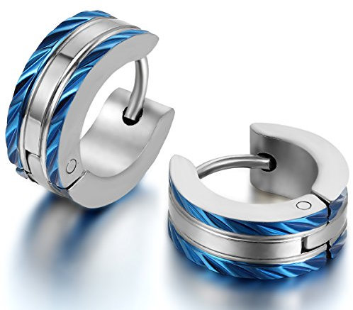 JewelryWe Schmuck Herren-Ohrringe, Edelstahl Creolen Gestüt Ohrstecker, Blau Silber