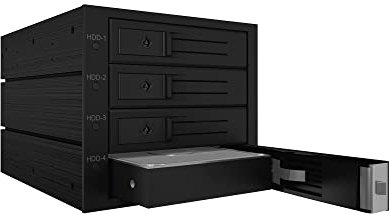 ICY BOX Wechselrahmen Backplane für Festplatten, 4x 3,5 Zoll in 3x 5,25 Zoll Schacht, SATA, Lüfter, Metall, Schwarz