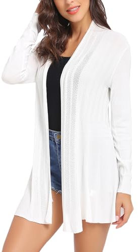 iClosam Cardigan Donna Lungo a Maniche Lunghe Leggero Aperto Elegante Casual A-Bianco,L