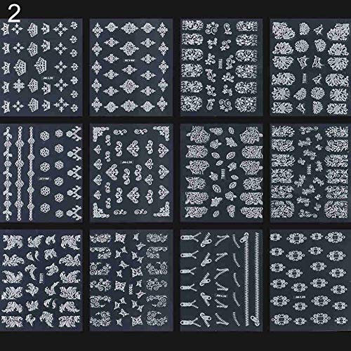 Brussels08 12 Sheets Luxury Flower 3D Gold Silver Nail Art Stickers Decals Manicure Nail Tip DIY Decoration Mixed Designs Nail Tips Decoration Nail Foils Adhesive Nail Stickers Sheet Silver#1