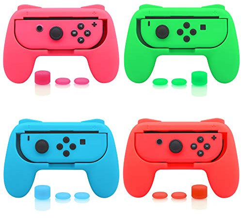 FASTSNAIL Gummierte Griffe Kompatibel mit Nintendo Switch für JoyCon, Halterung Gaming Controller Kompatibel mit Switch OLED, mit 6 Paar Daumengriffen(Rot + Blau + Rosa + Grün)
