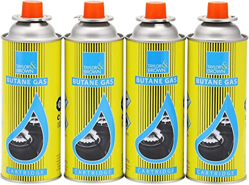 Greenfields Butane Gas Bottles Canister Camping Heater Cooker BBQ - Compact and Resealable Canister - CP 250 Valve Gas Cartridge, for Bistro and Camping Outdoors Stoves (4 Bottles)