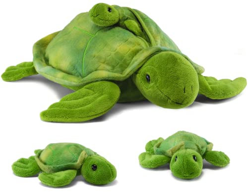 Prextex Plüsch-Schildkröte mit 3 kleinen Plüsch-Baby-Schildkröten Reißverschluss Kuschelschildkröte Sammlung Plüschtiere Spieleset