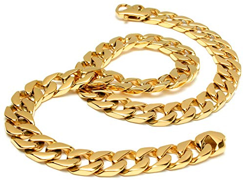 Schmuck-Checker breite XXL Goldkette große Panzerkette aus 316L Edelstahl vergoldet Männer Halskette hochwertig schwer massiv Bikerschmuck Hiphop Rapper Kette (70)