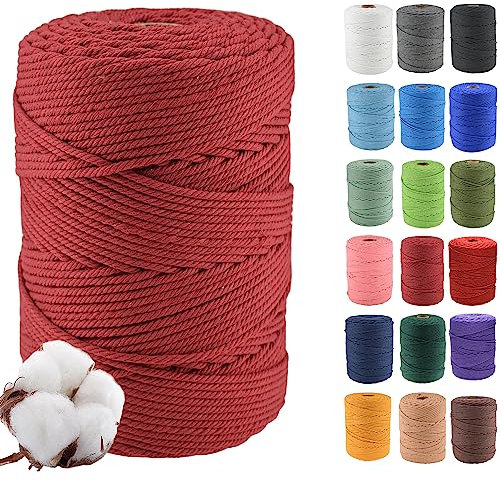 Klhamky 3mm×500m Macrame Cotton Cord, Soft 4 Strand Twisted 100% Natural Cotton for Handmade Wall Hanging, DIY, Craft Making, Knitting, Plant Hangers, Decorative Projects (3mm×500m, Wine Red)