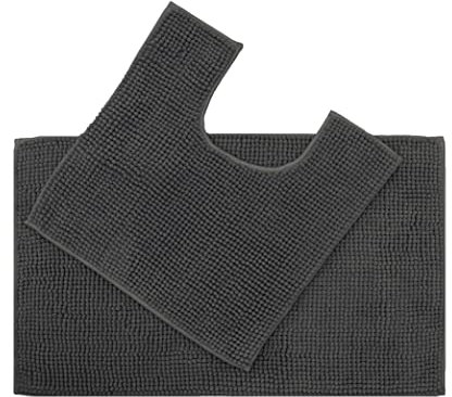 Allure Chenille Bobble Bath Mat Set - Non Slip Two Piece Bath & Toilet Mat Set, Super Soft, Absorbent & Easy Care (Charcoal)