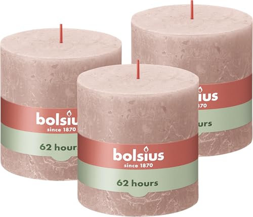 Bolsius Rustik Stumpenkerze XXL - Hellrosa - 3 Stück - 10 x 10 cm - Dekorative kerzen - Länge Brenndauer 62 Stunden - Unparfümierte - Enthält Natürliches Pflanzenwachs - Ohne Palmöl