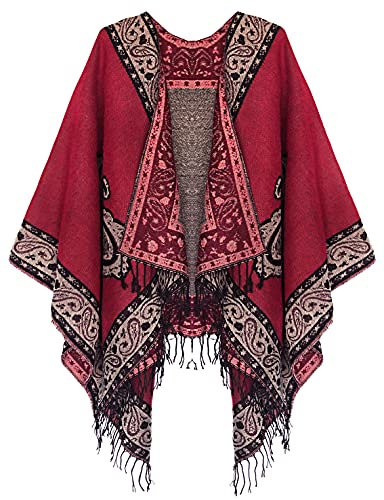 Urban CoCo Damen-Poncho im Retro-Stil, Vintage-Muster, Quaste, Umhang für Frauen, Serie 2, weinrot, M-L