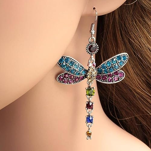 CXWK Vintage Weibliche Drop Ohrringe Libelle Kristall Regenbogen Blau Grün Stein Niedliche Silberne Farbe Tropfen Ohrringe Für Frauen Alltag Party