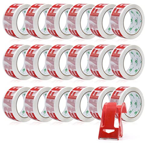 BOMEI PACK Nastro adesivo da imballaggio stampato fragile, nastro adesivo da imballaggio con dispenser per pacchi 48 mm x 66 m, 18 rotoli