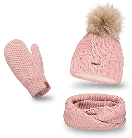 PaMaMi Winterset Mütze, Schal & Handschuh-sets für Damen I Kopfumfang 55-58 cm I Wintermütze mit Fleecefutter Atmungsaktiv I Winter-Strickset für Frauen I Fäustlinge Mütze Schal set Damen