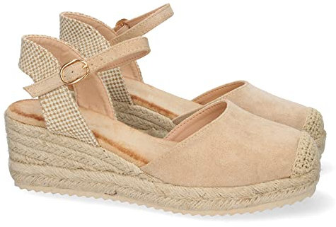 shoes&blues.es 63021-Sandalia de Cuna para Mujer, Forrado de Yute, Pala Cerrada, y Cierre de Hebilla, Primavera Verano 2022. Talla 37 Beige