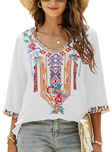 Seasonal Bohemian Embroidery Mexican Tops Women's Summer Boho Shirts Hippie Peasant 3/4 Sleeve V Neck Blouses Tunic