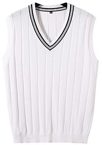 MANBOZIXi Maglioni Senza Maniche Uomo Maglione con Scollo a V Gilet in Maglia Elegante, Bianco L