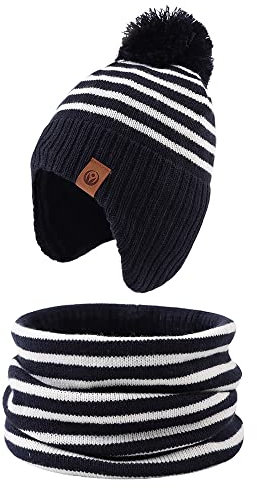 XIAOHAWANG Baby Mütze Winter Klassische Kindermütze Mädchen Jungen Warme Strickmütze mit Pompon Kleinkind Bommelmütze für Outdoor-Aktivitäten (4-7Jahren, Marine(Hut+Schal))