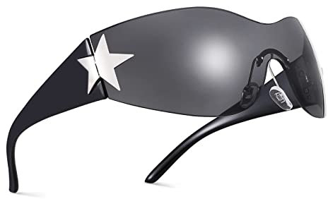 COASION Randlose Y2k Stern Futuristische Sonnenbrille für Damen Herren UV400 Schnelle Brille Rave Groß Fahrradbrille Sportbrille