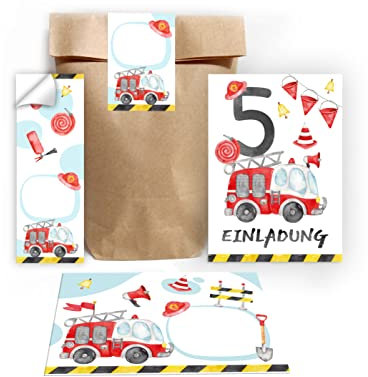 Junapack 12 Einladungskarten zum 5. Kindergeburtstag fünfte Geburtstag Jungen Feuerwehr Feuerwehrauto incl. 12 Umschläge, 12 Tüten/natur, 12 Aufkleber