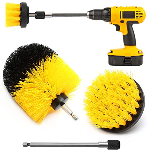 3 Piece Drill Brushes Set with Extend Rod, Drill Brush Attachment Set Cleaning Kit for Floors Tiles Tub Corners, Yellow