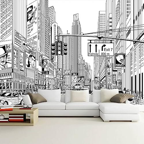 WFBHUA Papier peint noir et blanc de New York City peint à la main Times Square Décoration murale pour salon, chambre à coucher, bureau (ne se décolle pas et ne colle pas)