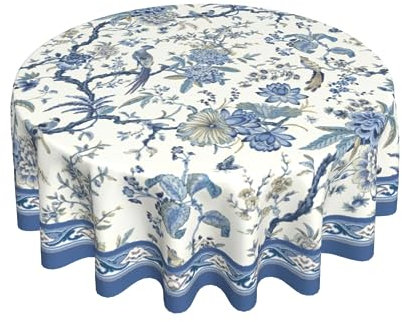 Giwawa Chinoiserie Tischdecke, rund, 152,4 cm, blau-weiße Blumen und Vögel, Tischdecke, klassisches Porzellan, floral, orientalischer Stil, wiederverwendbar, hitzebeständig, für Esszimmer, Küche,