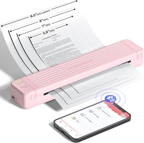 ASprink Impresora portátil A4 para viajes, P831, impresora Bluetooth, pequeña para carta, A4, B5, A5, impresora pequeña, compacta para papel normal/papel térmico, color rosa