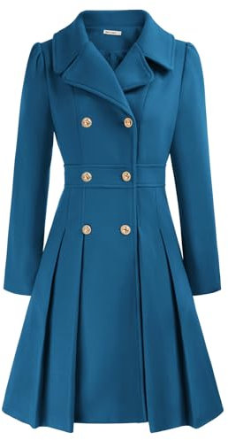 GRACE KARIN Ladies Classic Winter Wool Blends Coat Long Sleeves Double-Breasted Cerulean A-Line Duffle Peacoat S